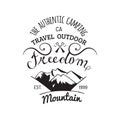 Vector camp logo. Hand drawn vintage tourist label with mountains. Retro hipster emblem of outdoor adventures.