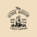 Vector camp logo. Tourism sign with hand drawn bonfire illustration. Retro hipster emblem, label of outdoor adventures.