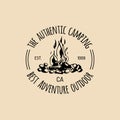 Vector camp logo. Tourism sign with hand drawn bonfire illustration. Retro hipster emblem, label of outdoor adventures.