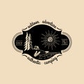 Vector camp logo. Tourism sign with hand drawn lake shore landscape. Retro hipster emblem, badge of outdoor adventures.