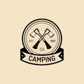 Vector camp logo. Tourist sign with hand drawn axes. Retro hipster emblem, badge, label of outdoor adventures