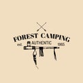 Vector camp logo. Tourist sign with hand drawn image of indian pipe and arrows. Retro label of outdoor adventures.