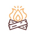 Vector campfire icon. Thin line illustration for outdoor adventures, camping, summer vacations, fire on logs