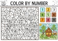 Vector camping color by number activity with trees, van, country house, tents. Summer road trip coloring and counting game. Funny