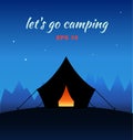 Vector camping concept night silhouette with tent and nature around