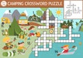 Vector camping crossword puzzle. Simple Summer camp quiz with forest scene for children. Educational activity with kids fishing,