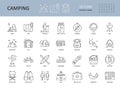 Vector camping icons. Editable Stroke. Summer camping hiking canoe mountains. Landscape forest tent caravan. Bonfire matches grill