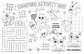 Vector camping placemat for kids. Summer camp holidays printable activity mat with maze, tic tac toe charts, connect the dots,