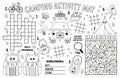 Vector camping placemat. Summer camp holidays printable activity mat with maze, tic tac toe charts, connect the dots, crossword,