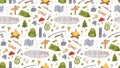 Vector Camping Seamless Pattern. Backpacking and Hiking Colorful Doodle Background. Local Tourism