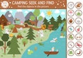Vector camping searching game with cute animals in the forest. Spot hidden objects in the picture. Simple seek and find summer