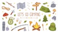 Vector Camping Set. Backpacking and Hiking Colorful Doodle Illustrations on White Background. Local Tourism