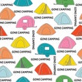 Vector Camping Tents and Trailors in Yellow Pink Green Red Blue Seamless Repeat Pattern Royalty Free Stock Photo