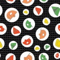 Vector Camping Trailors and Tents in Orange Green Red and Yellow in White Circles on Black Background Seamless Repeat Royalty Free Stock Photo