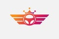 Vector car logo design. combination Steering and wings with crown symbol or icon. Unique rudder logotype design template