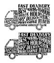 Vector car silhouette with distorted words and text modified by envelope distort effect. Truck delivery services concept image. Au