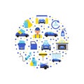 Vector car wash flat icons in circle illustration Royalty Free Stock Photo