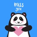 Vector card, banner lettering letters I miss you, cartoon panda holding heart and smiling, saying emotions, feelings, print on Royalty Free Stock Photo