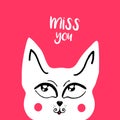 Vector card, banner lettering letters I miss you, cute cartoon cat with a thoughtful look