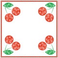 Vector card with berries. Empty square form with ornamental cherries, leaves and border with dots.