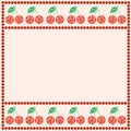 Vector card with berries. Empty square form with ornamental cherries, leaves and border with dots.