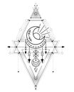 Vector card with black esoteric symbol with crescent, star, sun and geometric decorations. Contour space sacred decoration.