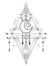 Vector card with black esoteric symbol with crescent, star, sun and geometric decorations. Image with contour space sacred