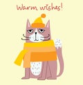 Vector Card with Christmas cat, Merry Christmas illustrationsof cute cat with accessories like a knitted hat, sweater Royalty Free Stock Photo