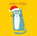 Vector Card with Christmas cat, Merry Christmas illustrationsof cute cat with accessories like a knitted hat, sweater Royalty Free Stock Photo