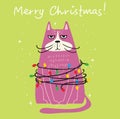 Vector Card with Christmas cat, Merry Christmas illustrationsof cute cat with accessories like a knitted hat, sweater Royalty Free Stock Photo