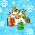 Vector card for Christmas or New Year. Dancing snowman in a gold top hat and waistcoat, with a stick of candy near the large