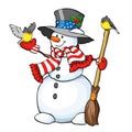 Vector card concept - Cute snowman with broom and two birds
