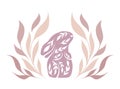 Vector card with curious decorated rabbit in stems wreath in pastel colors. Folk art hare with foliages. Horizontal gentle clipart