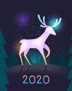 Vector card with cute deer in night forest