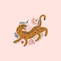 Vector card with cute ornate boho asian style tiger. Beautiful animal print design. Fashionable stylish poster