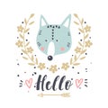 Vector card with cute wolf. Illustration for children`s prints, greetings, posters, t-shirt, packaging, invites. Cute