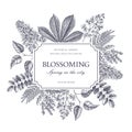 Vector card design with hand drawn blossoming trees. Floral wedding invitation template