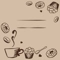 Vector card design with hand drawn coffee and dessert illustration. Coffee shop or cafe template. Decorative background
