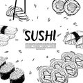 Vector card design with ink hand drawn sushi illustration. Vintage template with traditional asian food sketch. Royalty Free Stock Photo