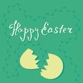 Vector card of easter egg and cracked eggshell on green background with chicken footprints Royalty Free Stock Photo