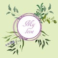 Vector card floral design with green watercolor fern leaves tropical forest greenery herbs decorative frame, border. Elegant Royalty Free Stock Photo