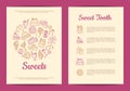 Vector card or flyer template for pastry or confectionary shop with linear style sweets icons