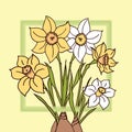 Vector card with gentle spring flowers daffodils. Hand drawn bouquet.