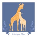 Vector card with giraffe mother and baby.