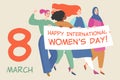 Vector card with a group of women holding a big banner with congratulations to the International Women`s Day Royalty Free Stock Photo