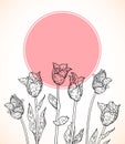 Vector card with hand drawn tulips on pink circle. Royalty Free Stock Photo