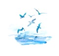 Flying blue watercolor seagulls. Vector illustration