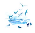 Flying blue watercolor seagulls. Vector illustration Royalty Free Stock Photo