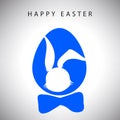 Vector card of Hanging easter blue egg with bow and silhouette of rabbit gentleman Royalty Free Stock Photo