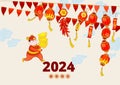 Vector card with illustration of Chinese in traditional costume. China paper lanterns, fireworks, lucky coins.